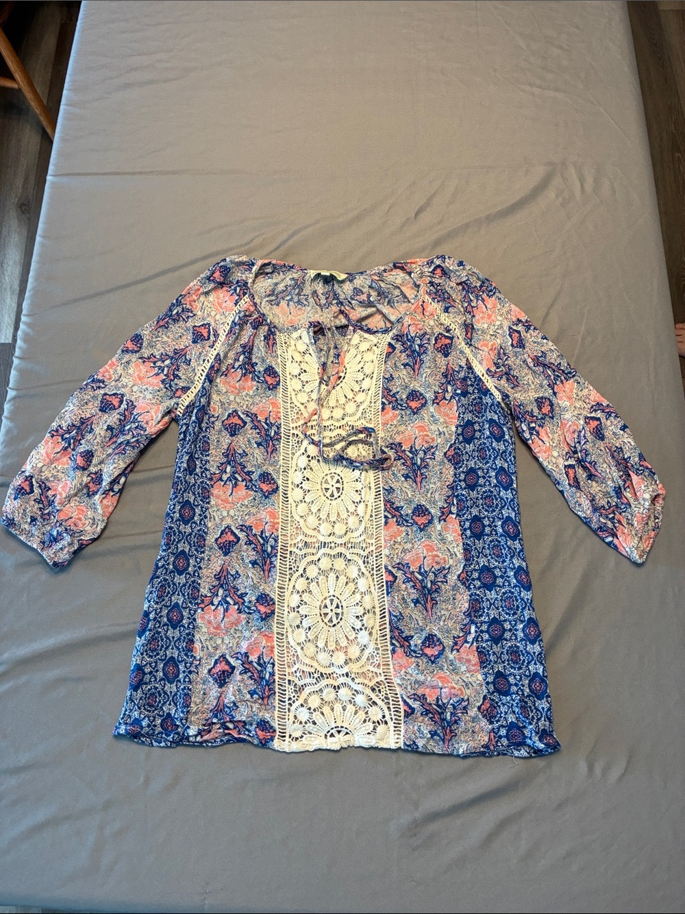 Lucy & Laurel Blue and Pink Floral Crochet-Front Peasant Tunic